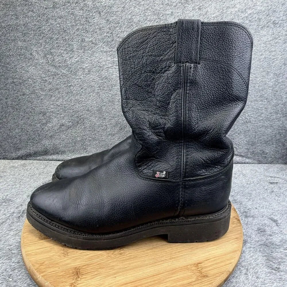 Justin Boots Mens Size 9 D Black Leather Western Workwear Pull On Oil Resisting